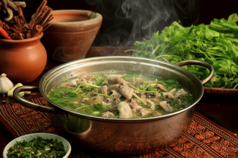 A steaming pot of Thang Co bubbling over firewood, served with fresh greens and maize wine